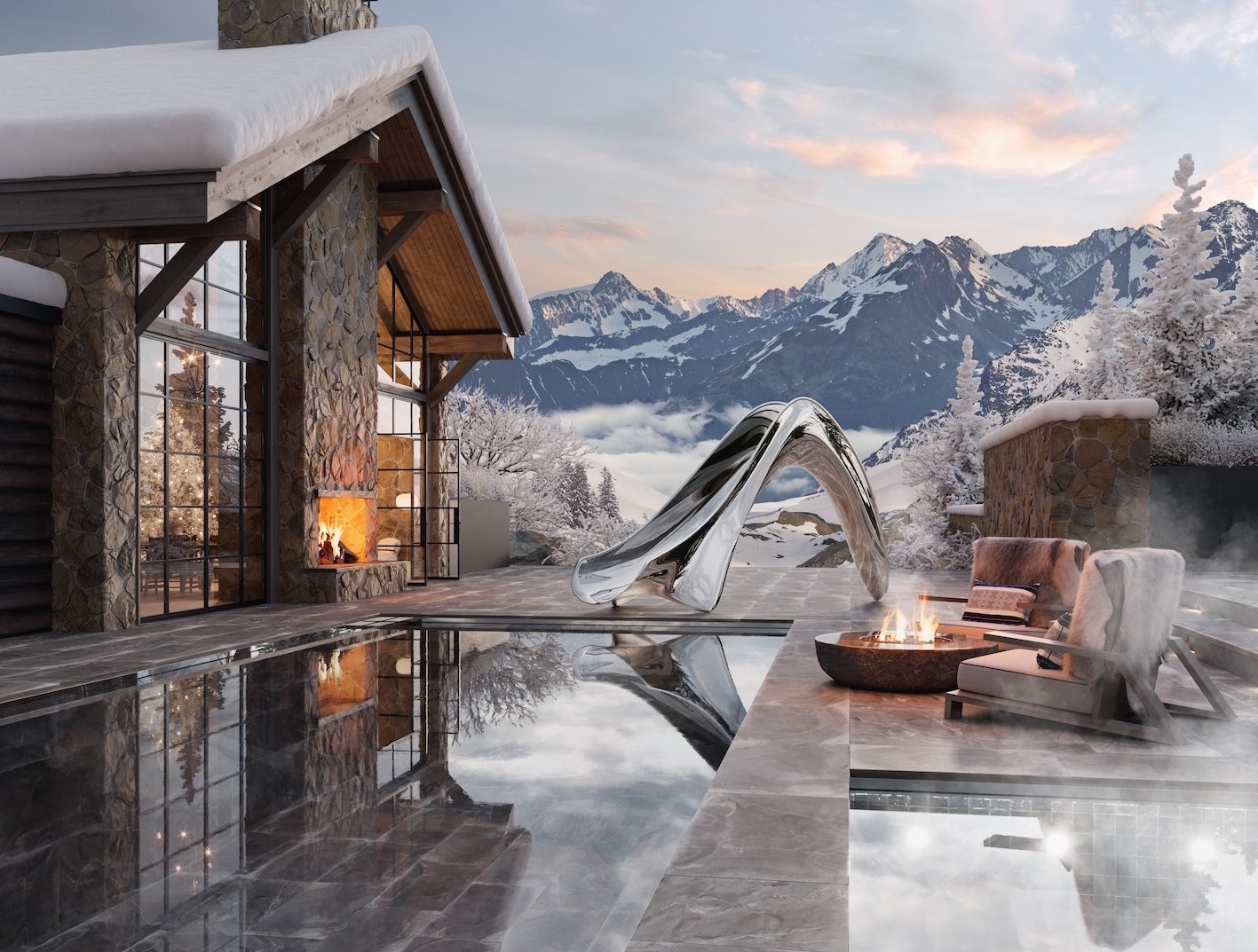 Stainless steel water slide with a snowy mountain backdrop, next to the fire and lodge