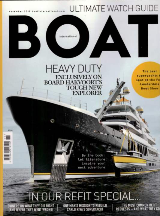 Scout super yacht article in boat international with custom liquor cabinet by Splinterworks