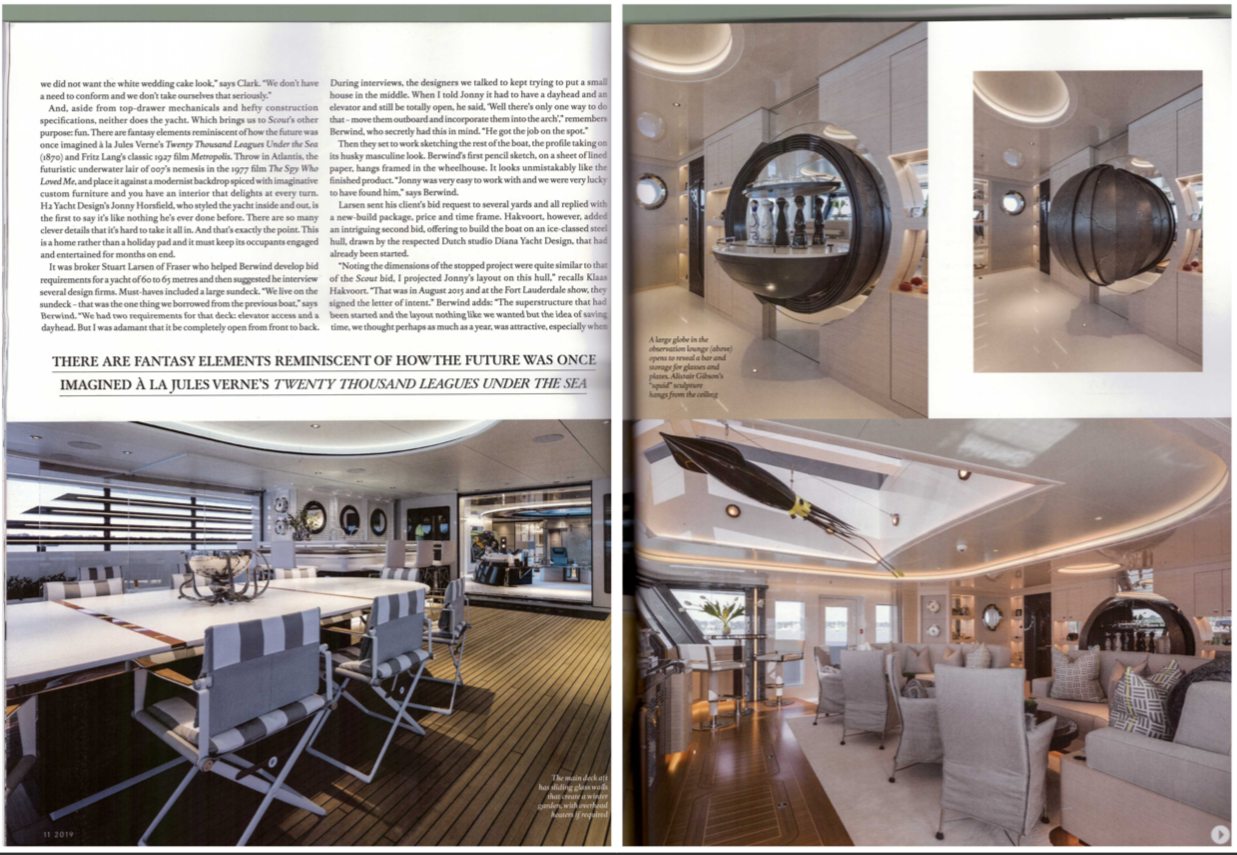 Boat International article on Scout super yacht showing globe liquor cabinet custom made by Splinterworks