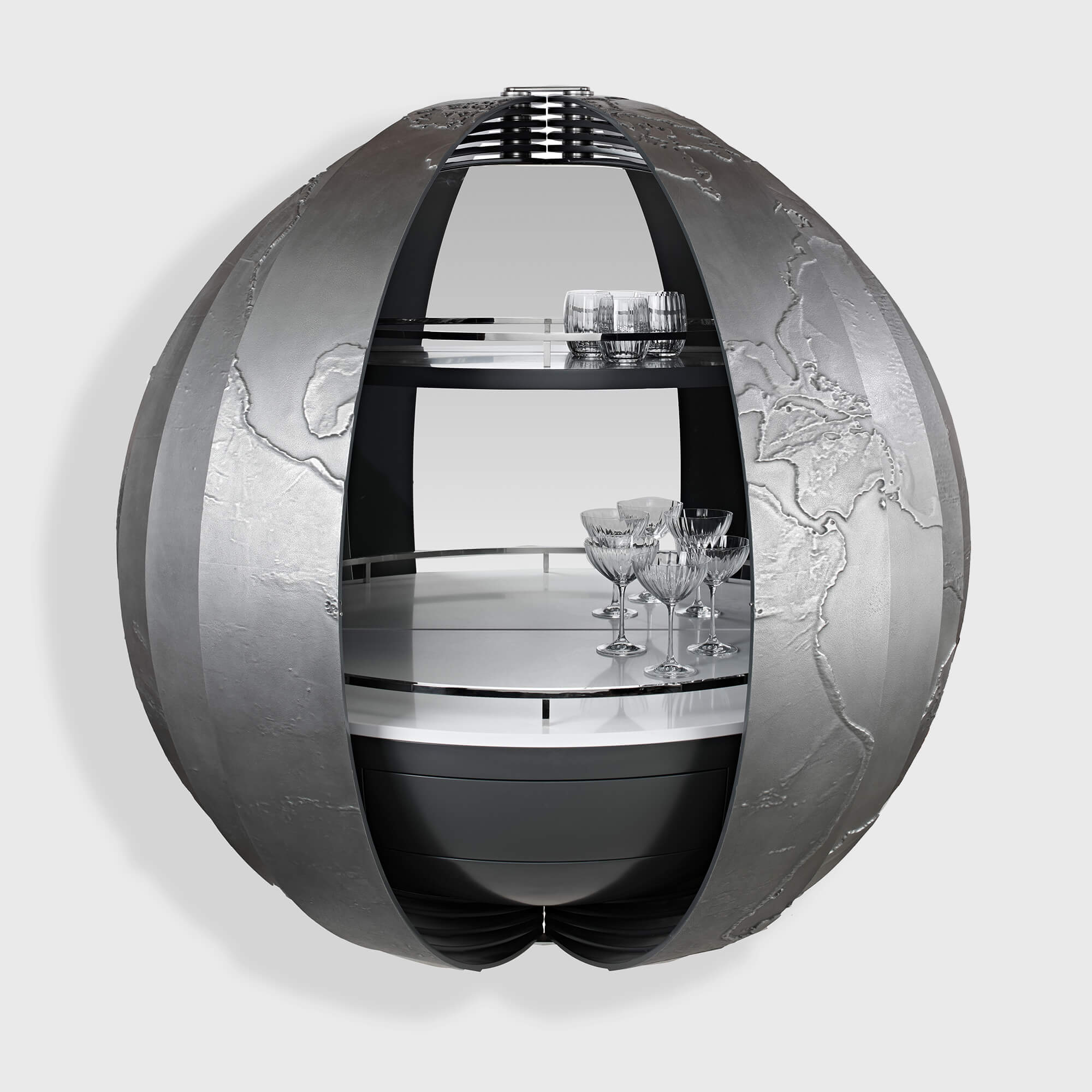 Custom globe drinks cabinet created by Splinterworks for Scout super yacht.