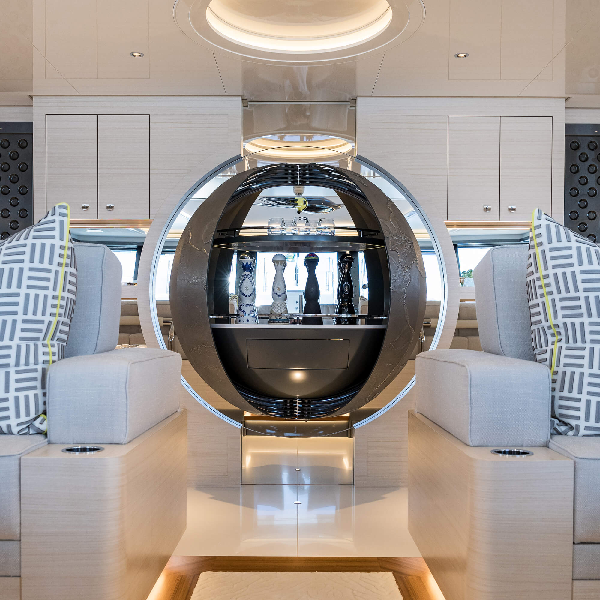 Wall-mounted drinks cabinet by Splinterworks on the Scout super yacht