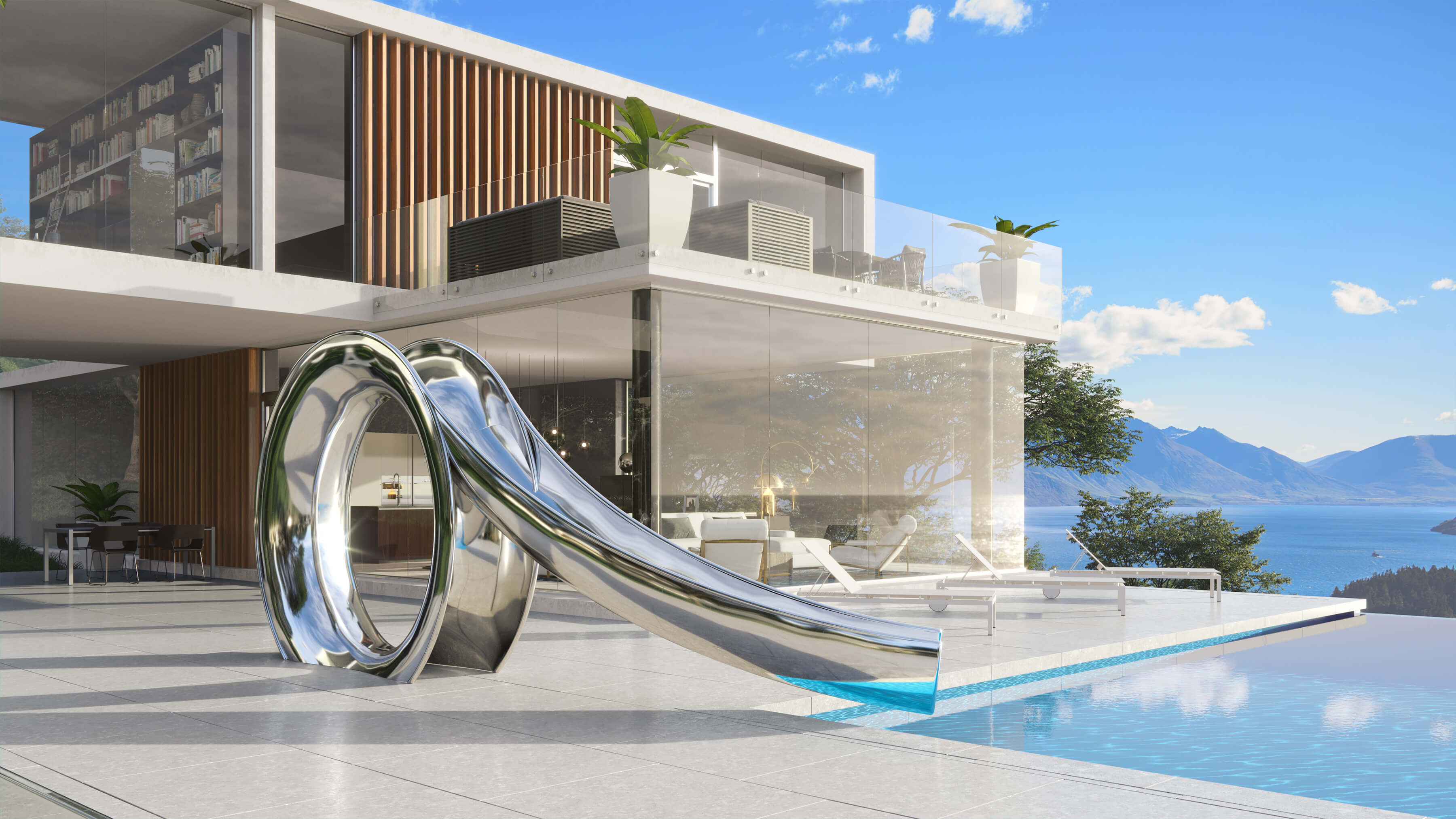 Water slide designed in mirror polished stainless steel by modern house with ocean view.