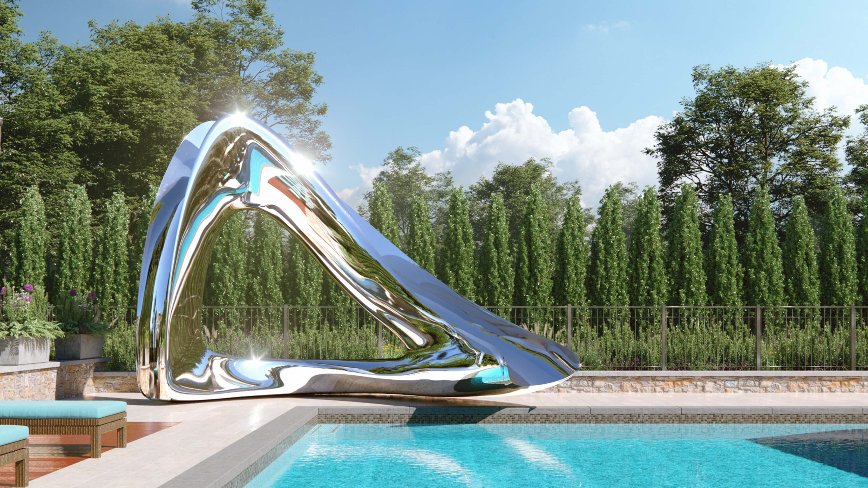 Custom Water slide by Splinterworks in mirror polished stainless steel next to pool and hedge.