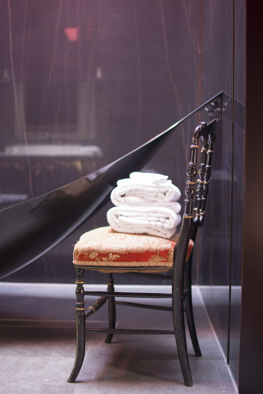 Detail of black hanging bath tub in Hotel Staats, Amsterdam.