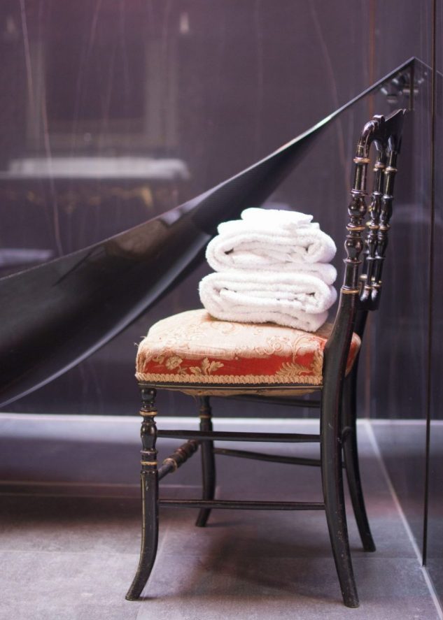 Detail of black hanging bath tub in Hotel Staats, Amsterdam.