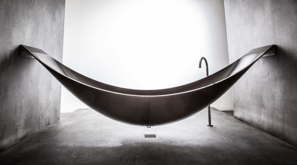 The hammock bath tub manufactured by Splinterworks custom made in black carbon fiber The hammock bath tub manufactured by Splinterworks custom made in black carbon fiber