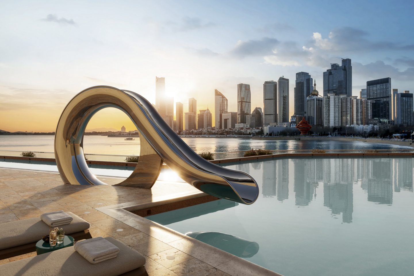 Luxury water slide at rooftop pool, with sunset and New York skyline in the background