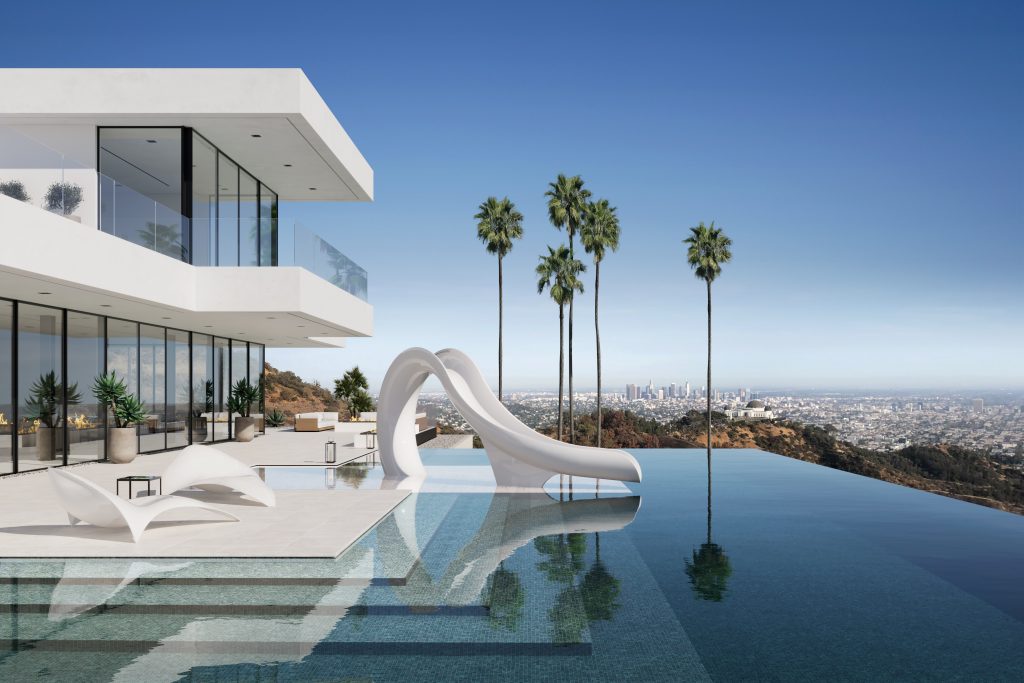 Downtime luxury outdoor pool slide by Splinterworks in modern LA swimming pool