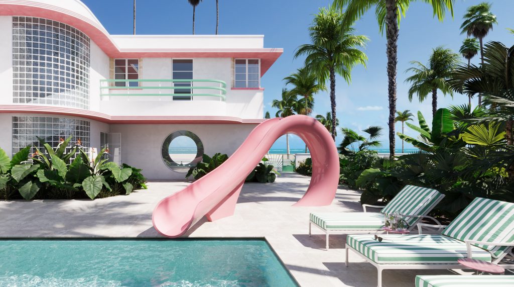 Pink downtime luxury water slide by art deco pool lined with palm trees.
