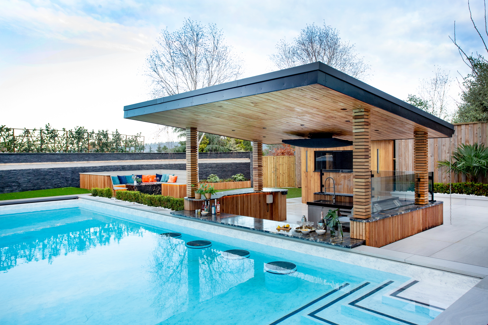 Outdoor pool bar with pool in the foreground