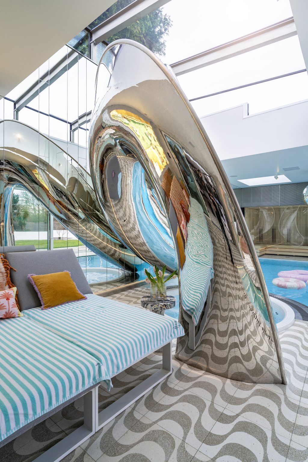 Downtime slide, functionally designed luxury indoor pool slide..