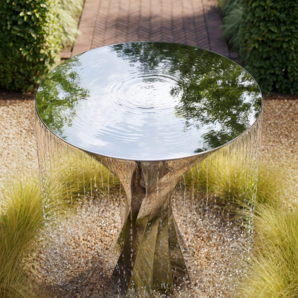 Cintura outdoor water bowl installed in a modern luxury courtyard surrounded by lush garden landscaping