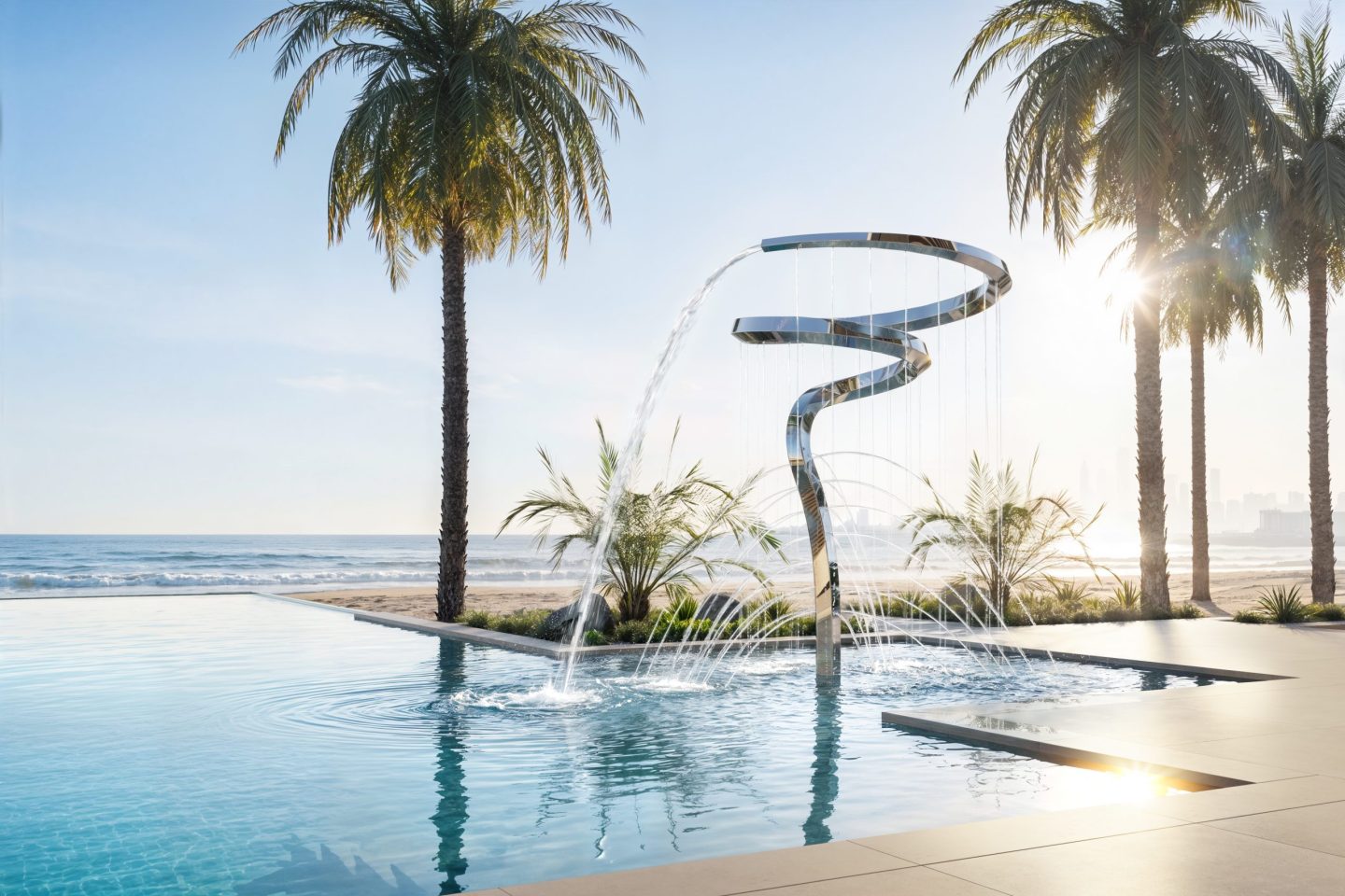 Pentara mirror-polished stainless steel spiral water feature installed beside a luxury outdoor pool