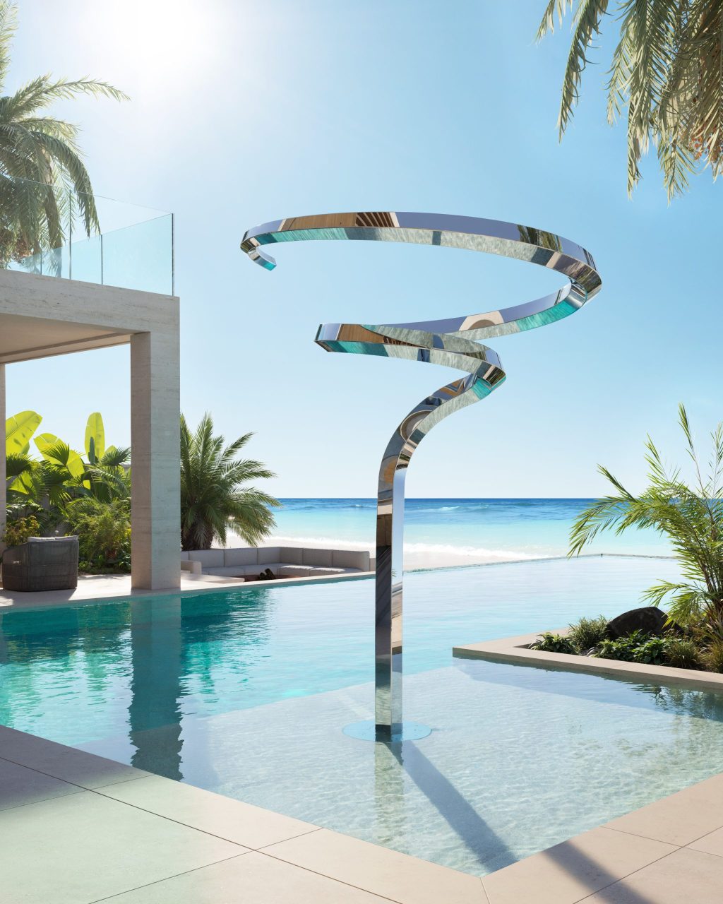 Detail of the reflective mirror-polished finish and Venturi spiral curve of the Pentara water feature with water off