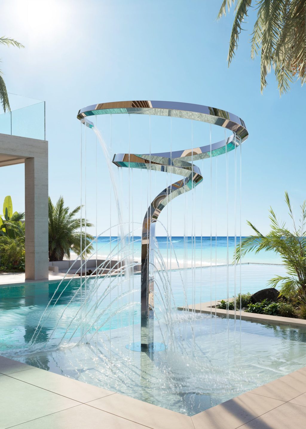 Detail of the reflective mirror-polished finish and Venturi curve of the Pentara water feature