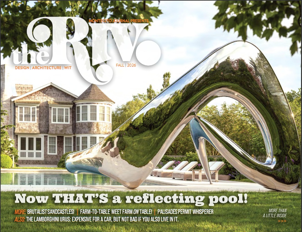 Front cover of The Riv magazine (Fall 2026 issue) featuring a large, mirror-polished Splinterworks sculptural pool slide reflecting the surrounding green trees, lawn, and a luxury house in the background.